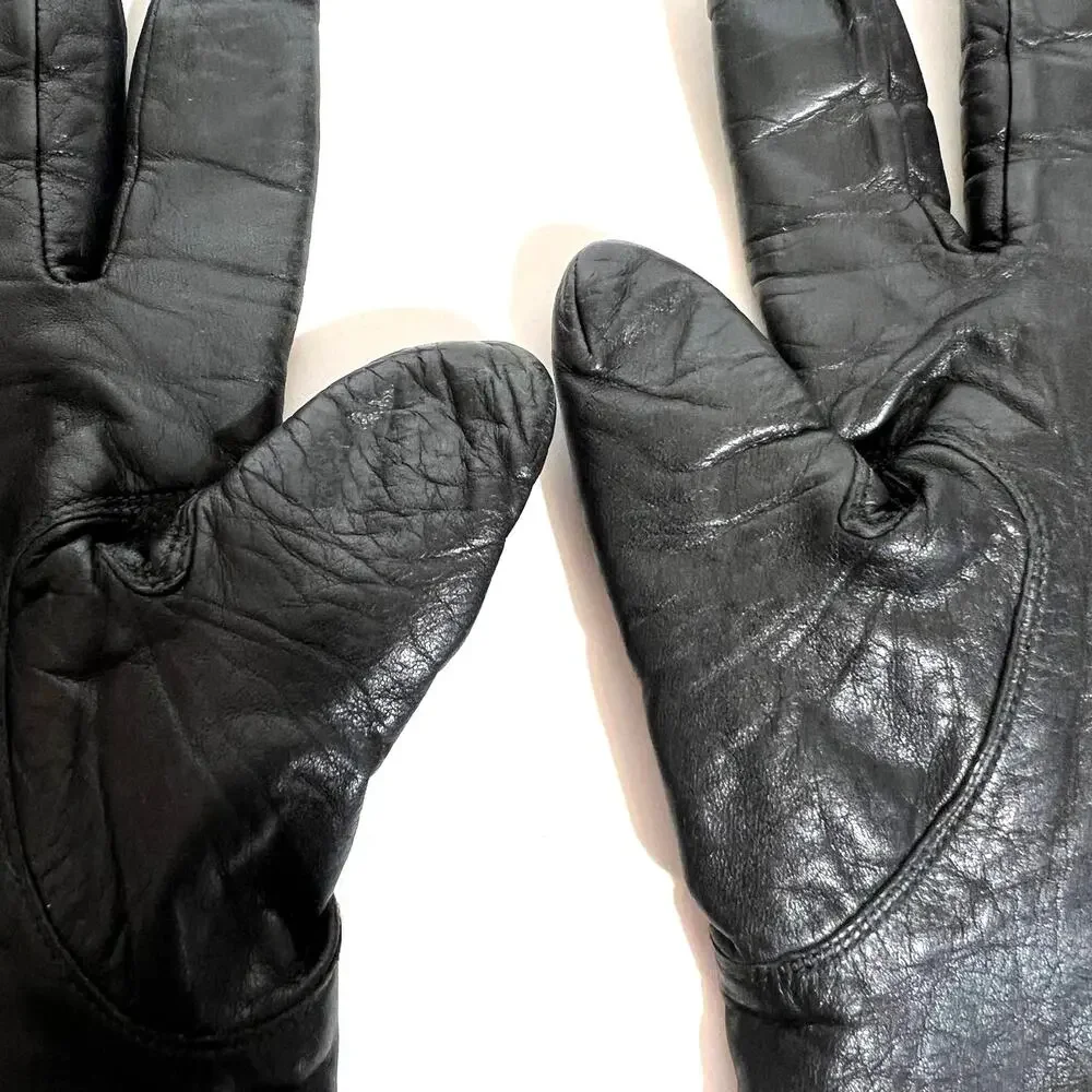 Van Raalte Black Leather Gloves 1980s Vintage Medium Knit Lining Vintage Retro